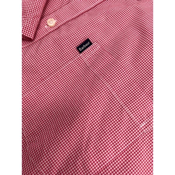 Barbour Shirt Mens Large L Tailored Fit Short Sleeve Red White Plaid Button Up - Picture 7 of 9